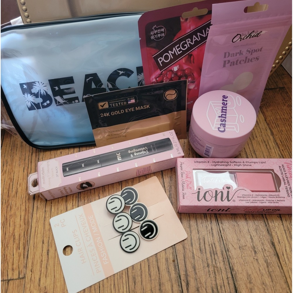 8pc Beauty Bundle Marie Claire Mascara Ioni Lip Oil Travel Bag Gold Eye Mask New